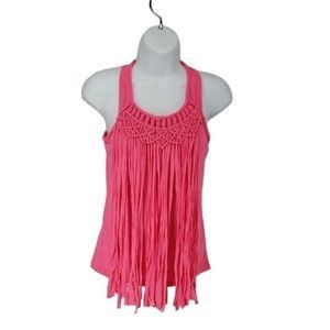 Poof girl pink fringe‎ racer back tank top medium